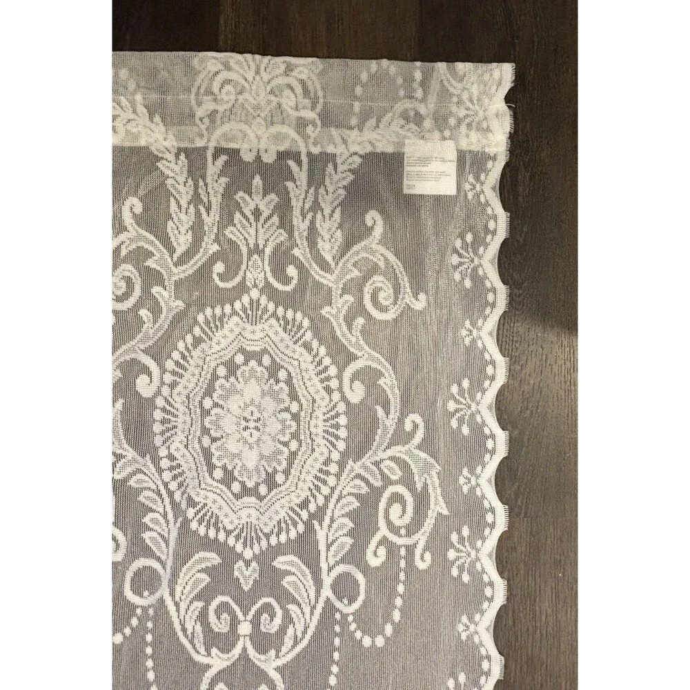 Romantic Cottage Ivory Floral Garlands Lace Curtains Scalloped Edge 2 Panels
